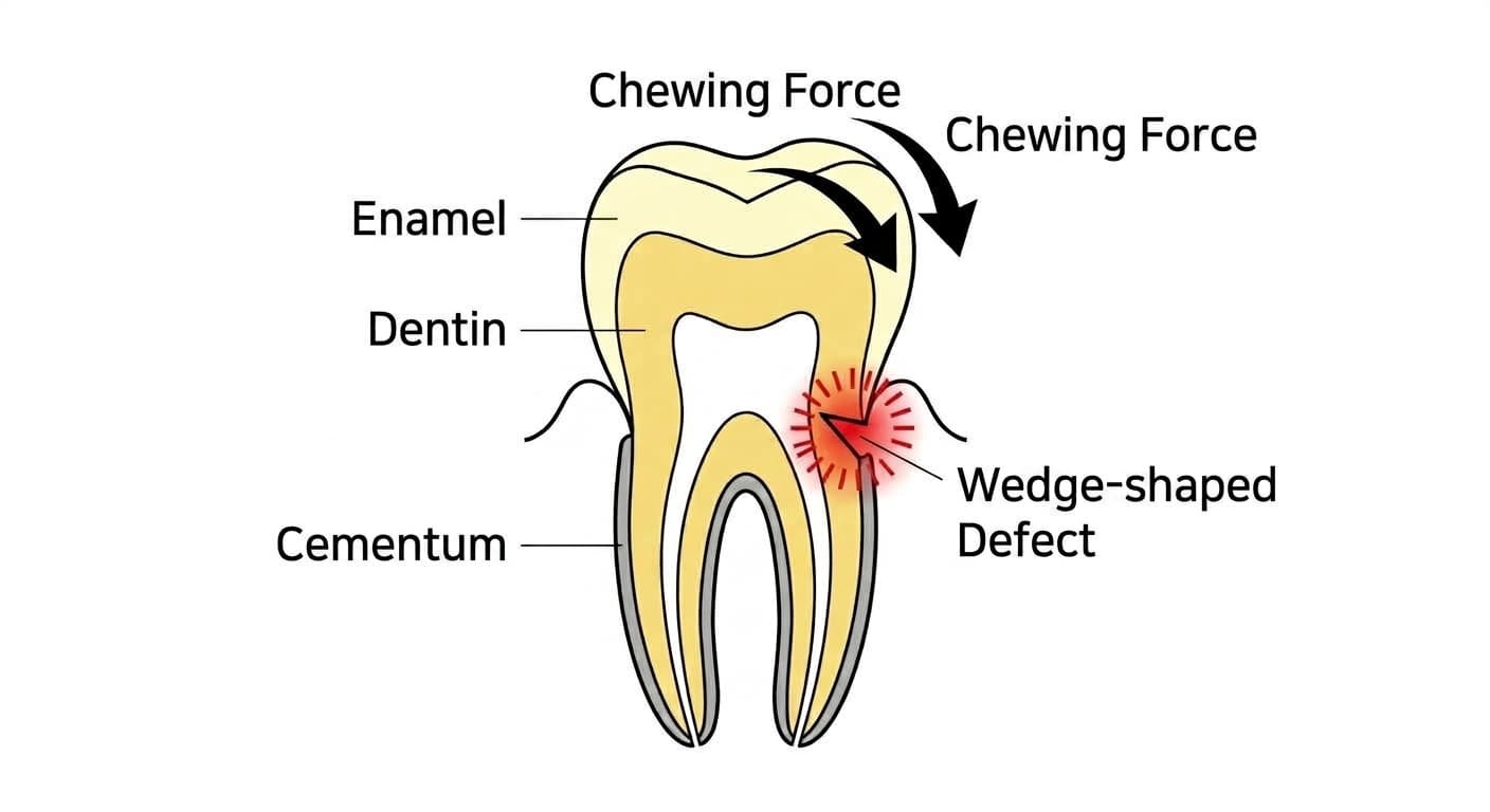 Cross-section diagram of a tooth showing how chewing force flexes the tooth and creates a wedge-shaped defect at the cervical area