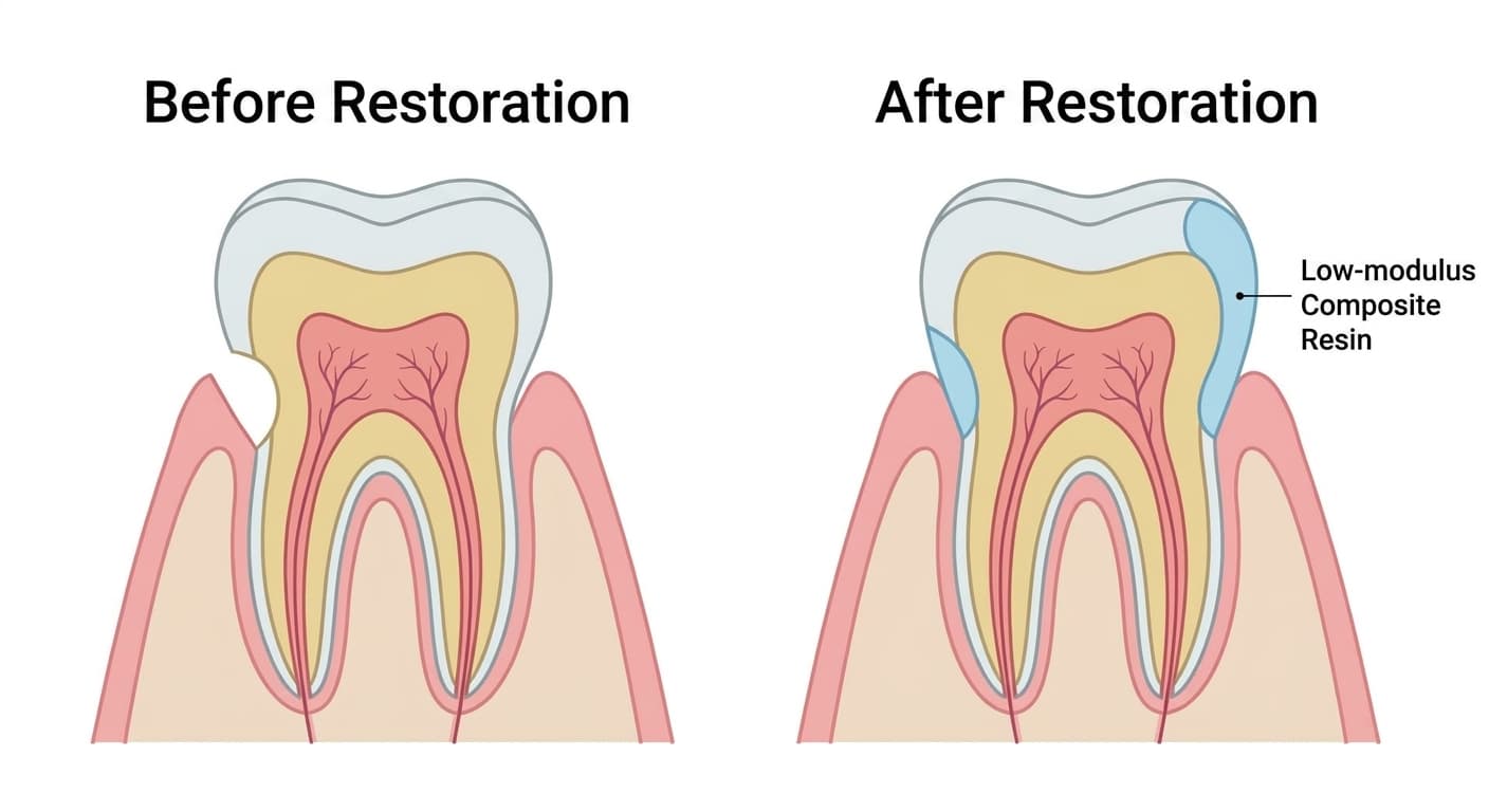 Cross-section diagram comparing a wedge-shaped cervical defect before and after being filled with low-modulus composite resin
