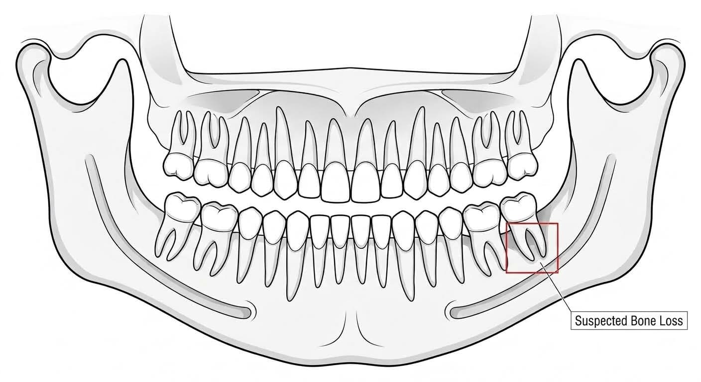 Conceptual diagram of AI flagging a suspected bone loss area with a red box on a panoramic X-ray
