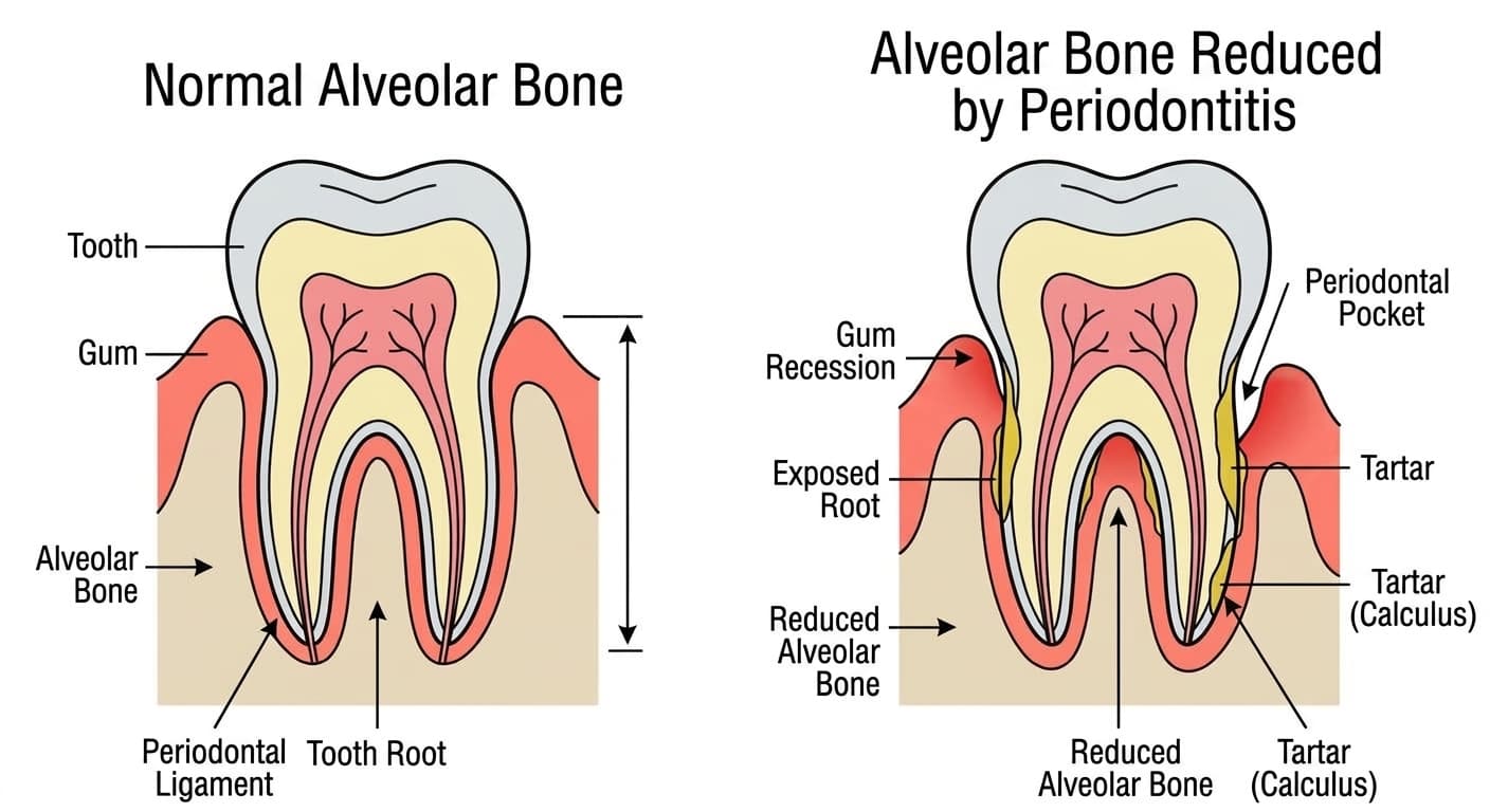 Cross-section diagram comparing normal alveolar bone side by side with alveolar bone reduced by periodontitis