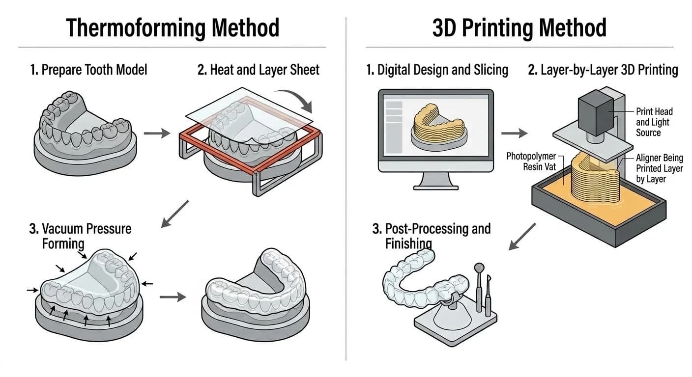 Illustration showing the thermoforming method, which presses a sheet onto a tooth model, and the 3D printing method, which builds an aligner by stacking layers of resin, each in three steps