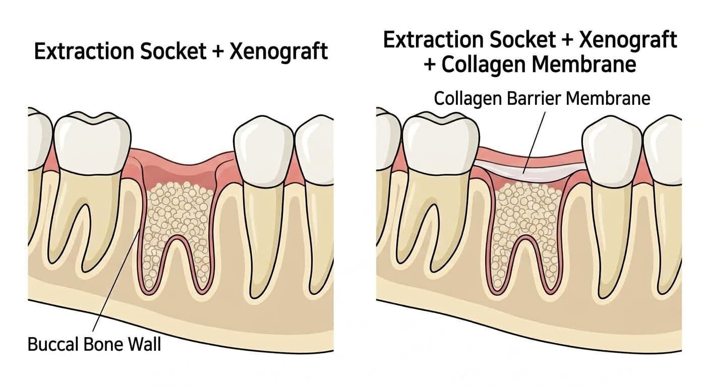 Cross-section diagrams of a tooth extraction socket comparing an extraction site filled with xenograft particles alone versus one with a collagen barrier membrane placed over the xenograft
