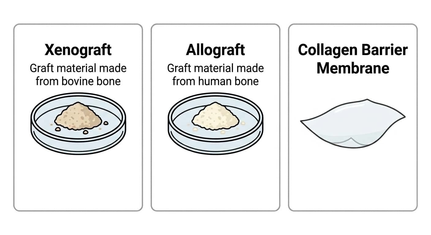 Illustration comparing xenograft particles made from bovine bone, allograft particles made from human bone, and a collagen barrier membrane side by side to show the role of each material