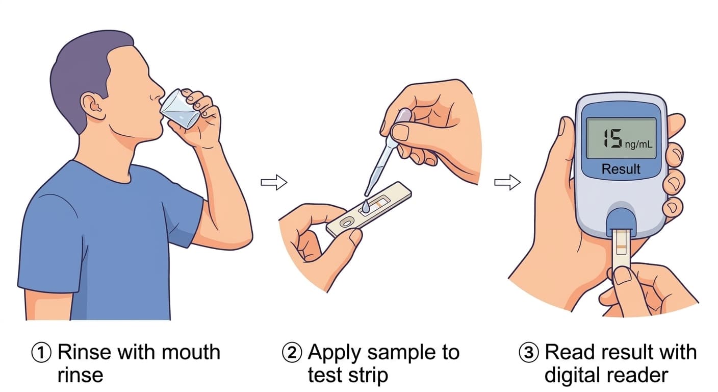 The three-step test process: rinse with mouth rinse, apply the sample to a test strip, then read the concentration with a digital reader