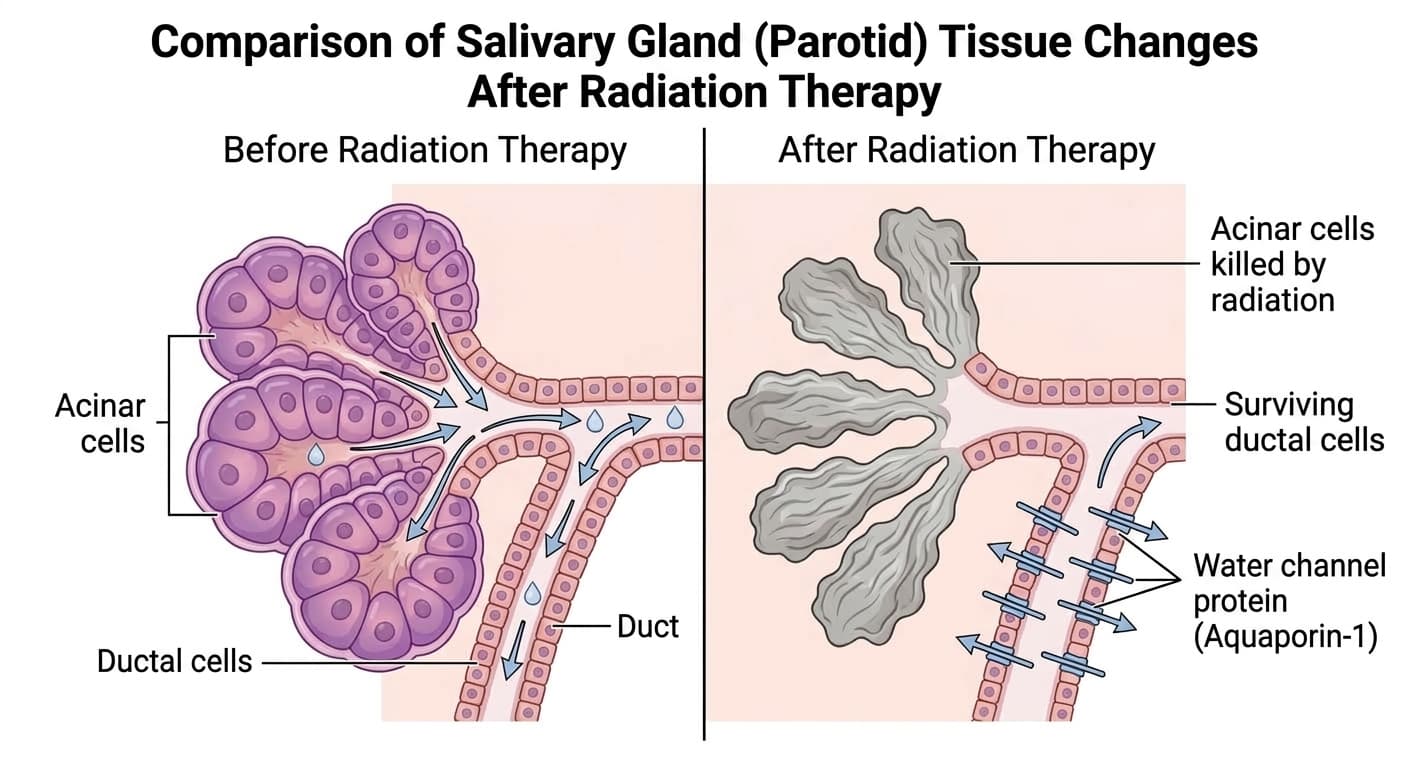 Illustration comparing how radiation therapy kills acinar cells while leaving ductal cells intact, with the principle of restoring saliva production by installing a water-channel protein in ductal cells