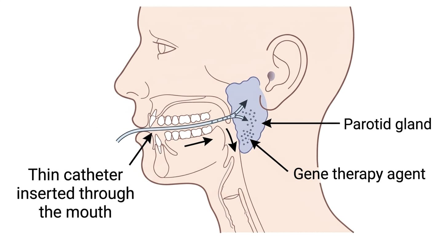 Illustration showing the delivery method: a thin catheter is inserted through the parotid gland duct opening inside the cheek next to the molars to deliver the gene therapy directly into the parotid gland