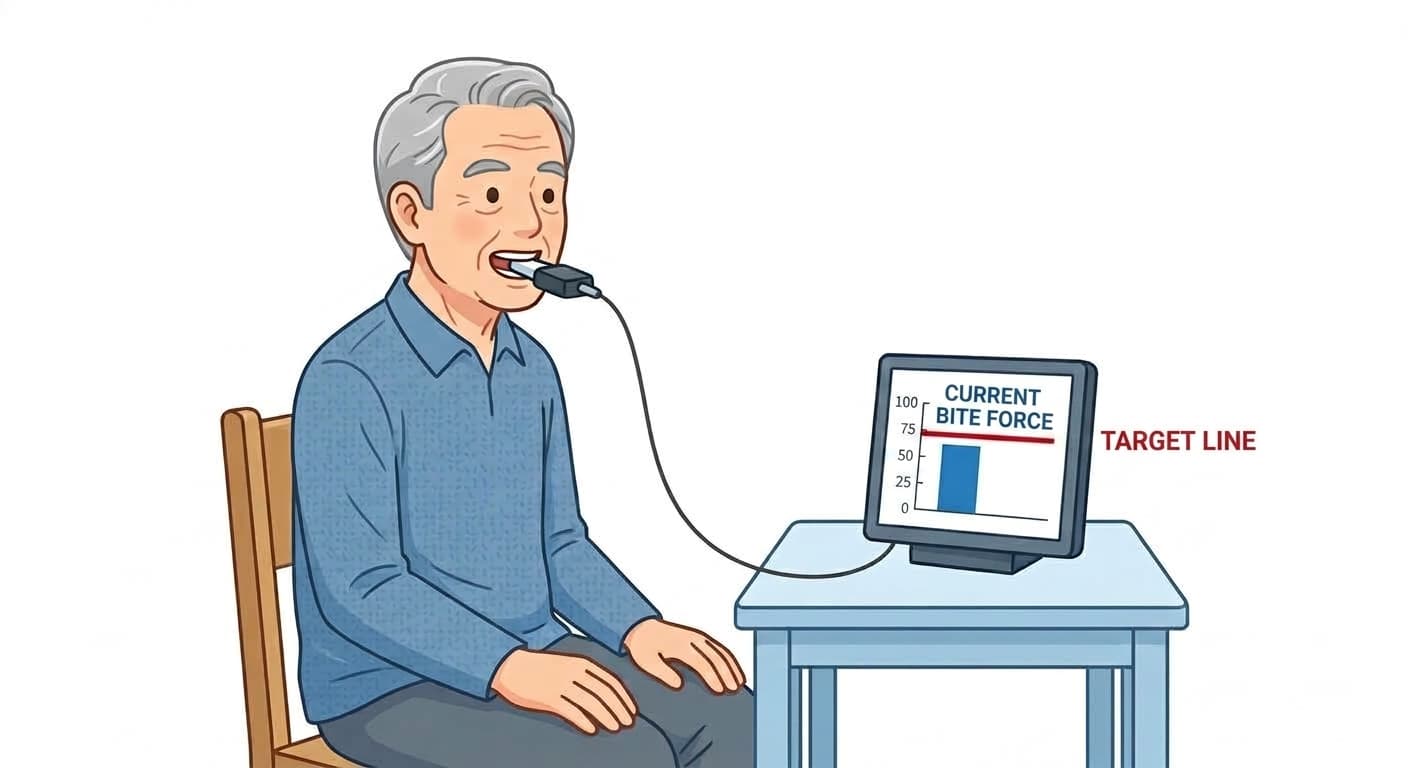 An older man biting a mouthpiece sensor and checking his bite force against the target line shown on screen