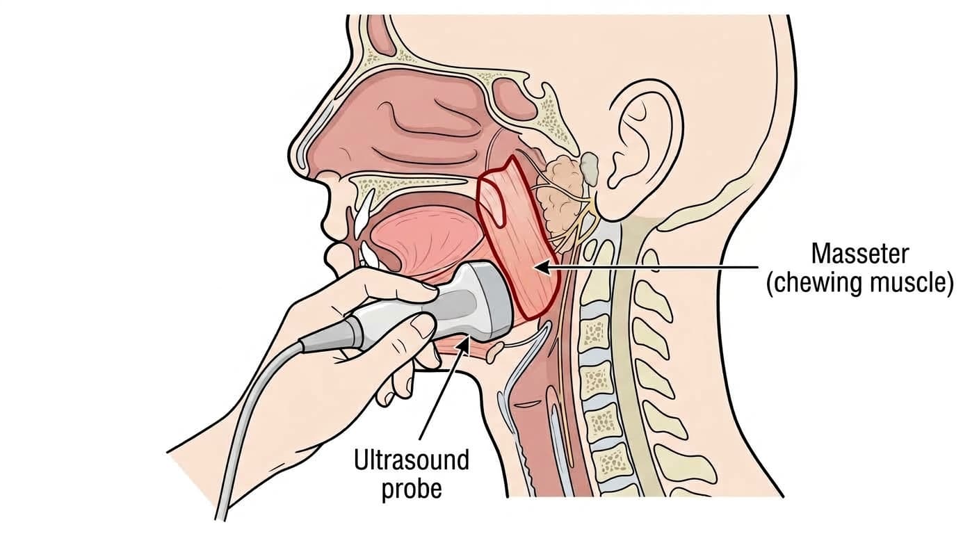 Anatomical illustration showing the location of the masseter muscle and where the ultrasound probe measures its thickness