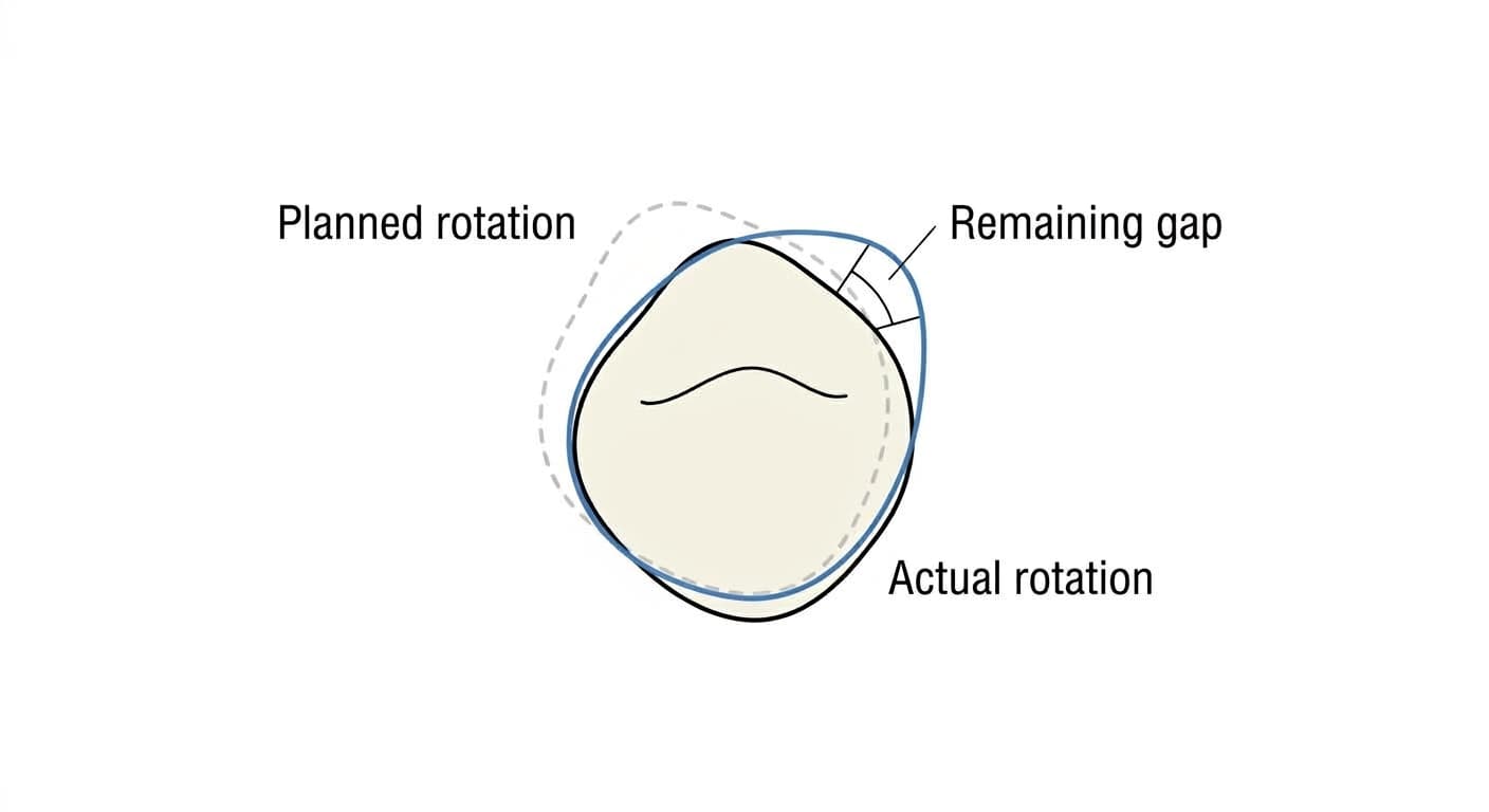 Diagram of a tooth surface showing the planned rotation range, the rotation actually achieved, and the remaining gap between them
