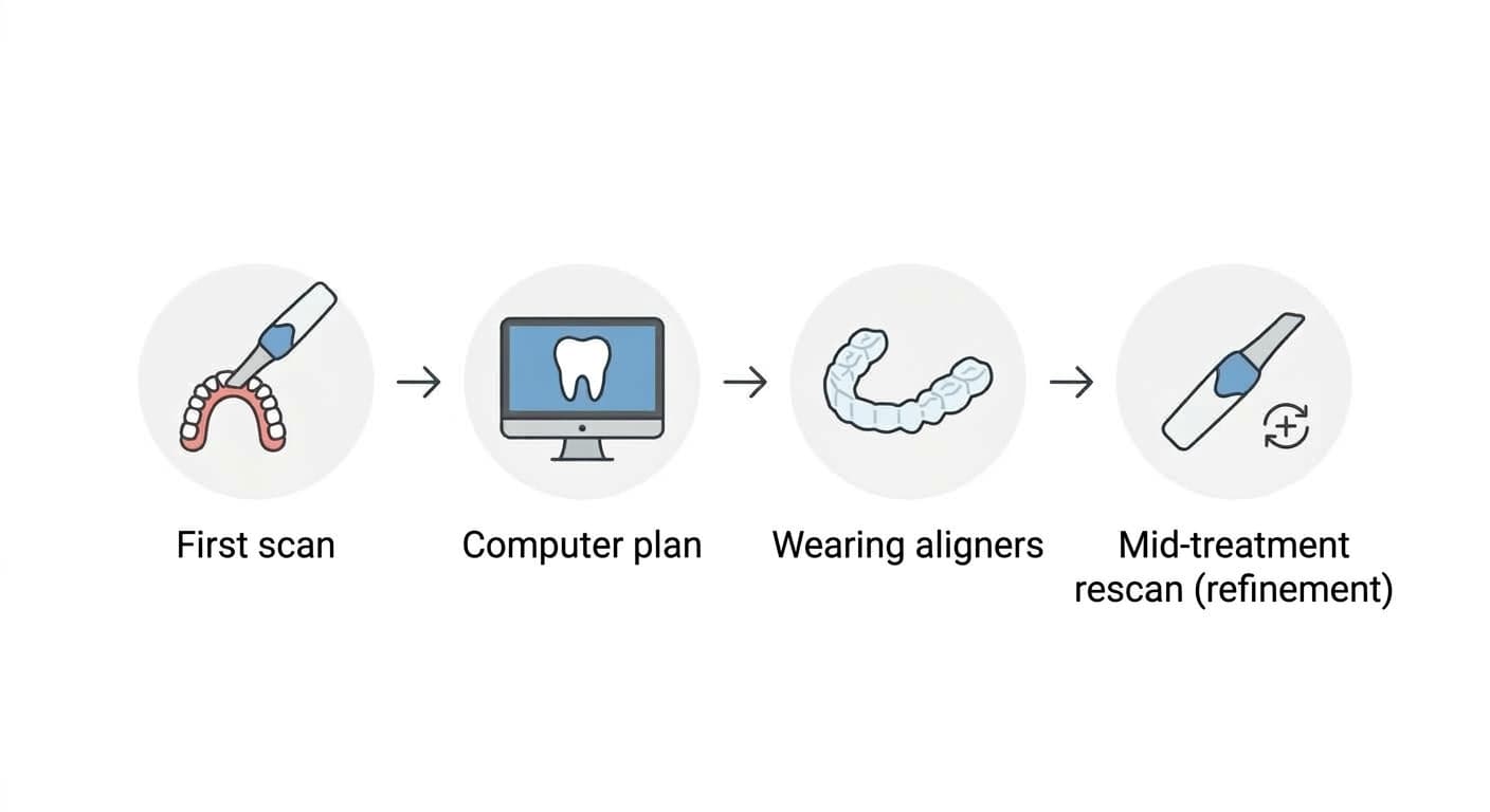 Flowchart of the treatment process: scanning, computer planning, wearing the aligners, and a mid-treatment rescan (refinement)