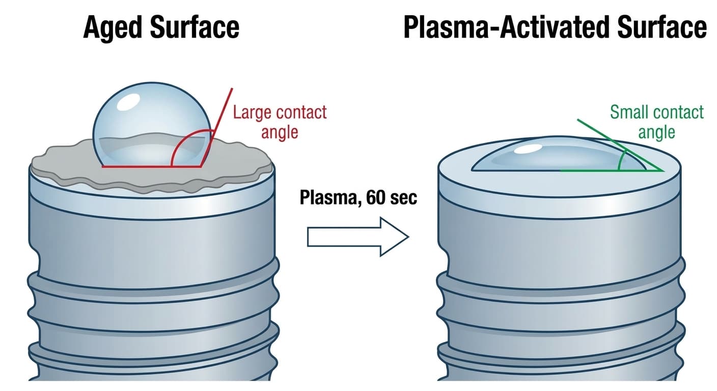 Illustration showing how a 60-second cold plasma treatment sharply reduces the water contact angle on an implant surface. On the left, an aged surface with built-up hydrocarbons holds a rounded water droplet; on the right, the plasma-treated surface lets the droplet spread out flat.