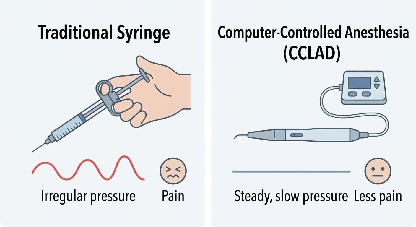 A comparison illustration showing that a traditional syringe, pressed by hand, produces irregular pressure and more pain, while a computer-controlled anesthesia device delivers steady, slow pressure with less pain