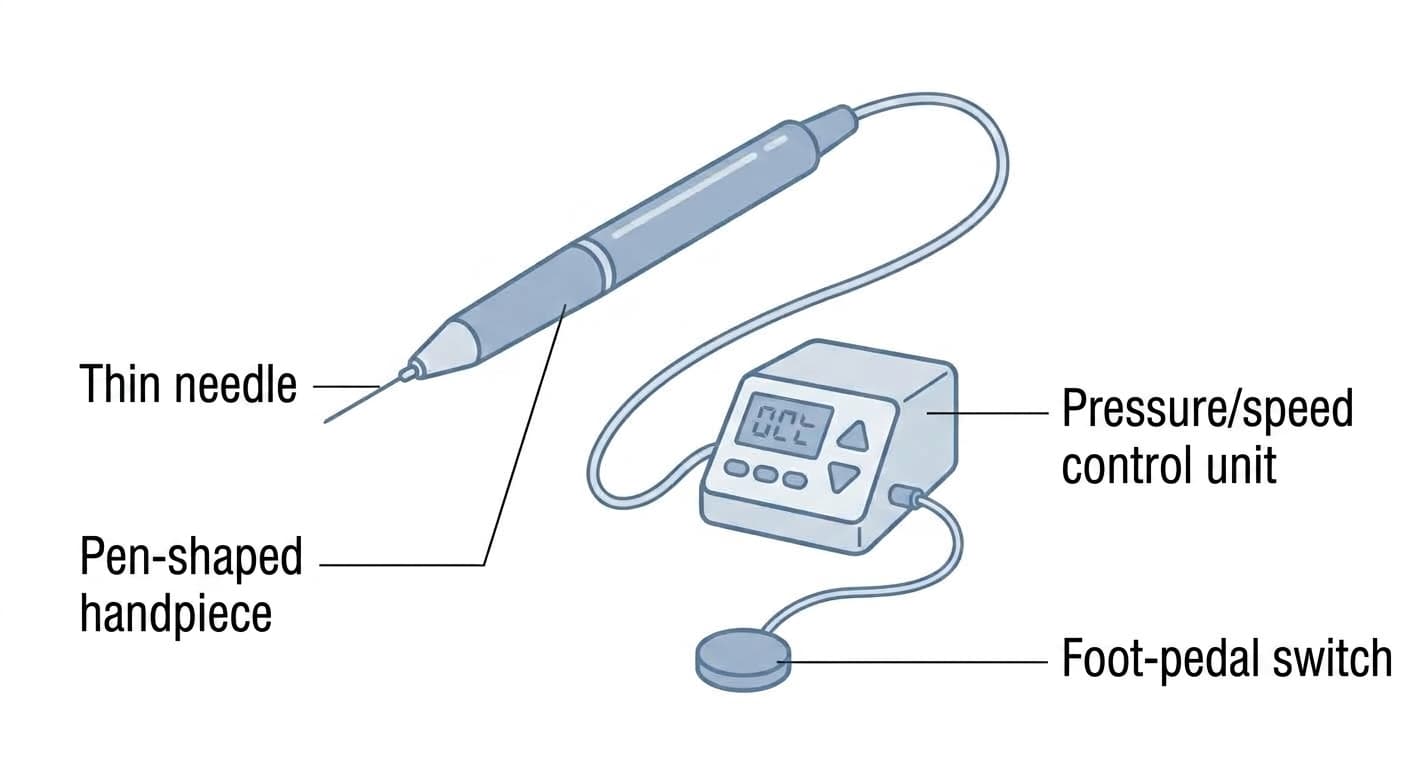 An illustration showing the components of a computer-controlled anesthesia device: a pen-shaped handpiece with a thin needle, a pressure/speed control unit, and a foot-pedal switch