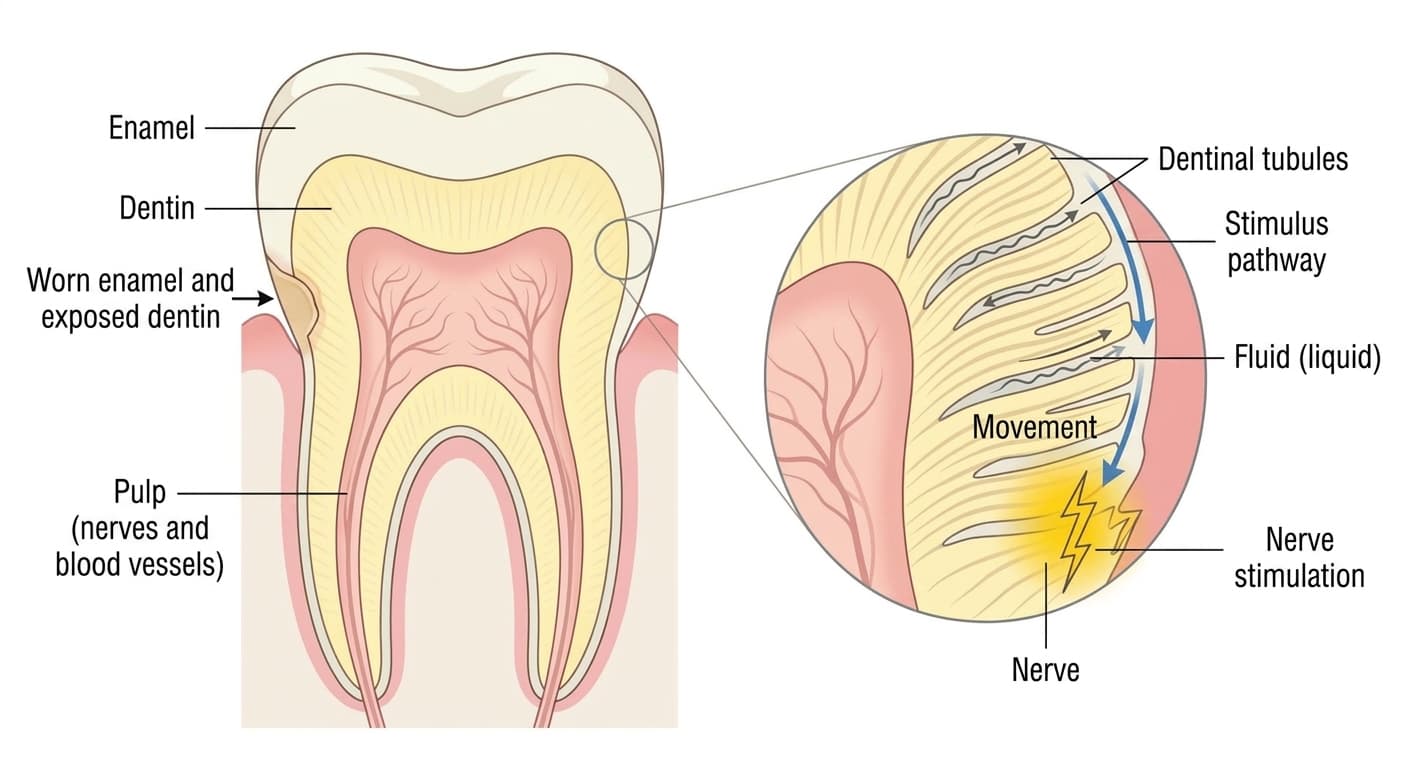 An enlarged view of a tooth cross-section showing the enamel, dentin, and pulp, and illustrating how fluid movement inside the dentinal tubules stimulates the nerve, per the hydrodynamic theory