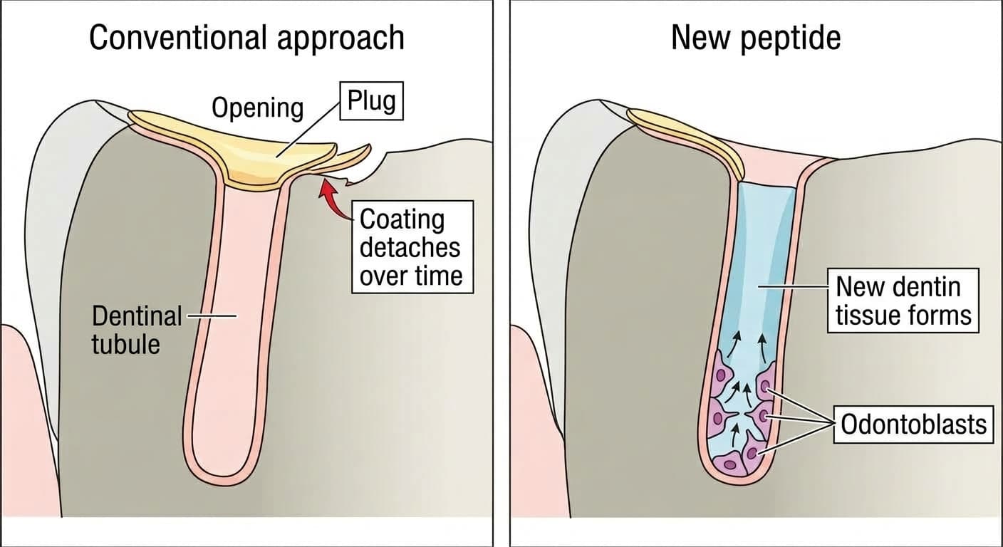 A side-by-side comparison of the conventional approach, in which a coating that plugs the entrance of the dentinal tubules eventually peels away, and the peptide approach, in which reactivated odontoblasts fill the inside of the dentinal tubules with new dentin
