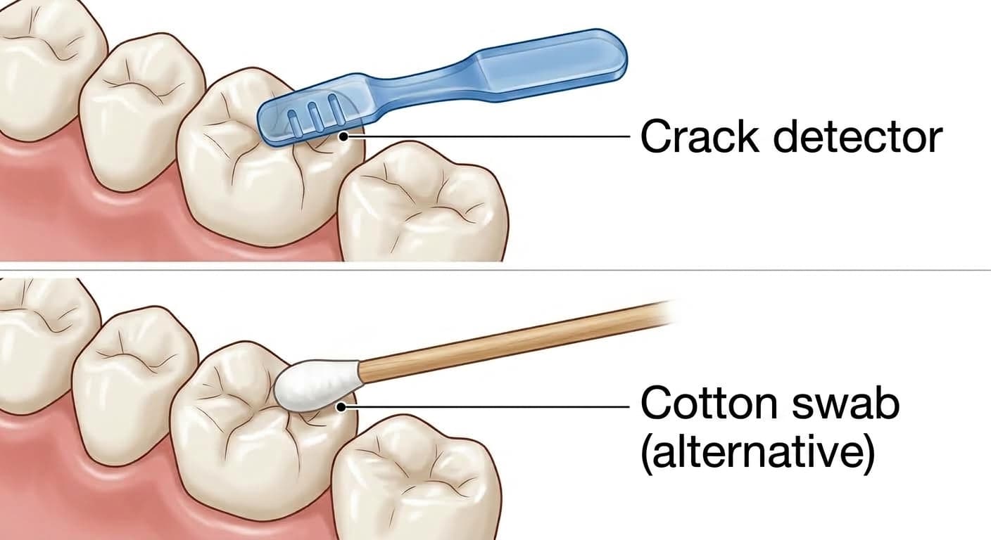 Illustration comparing a crack detector instrument with a cotton swab used as an alternative to check for a tooth crack