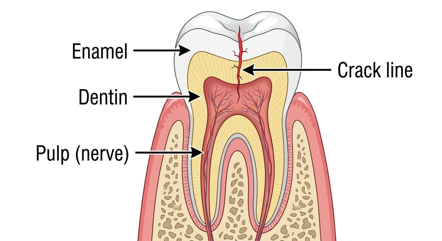 Illustration of a cross-section of a molar showing a crack line running from the chewing surface down to the nerve