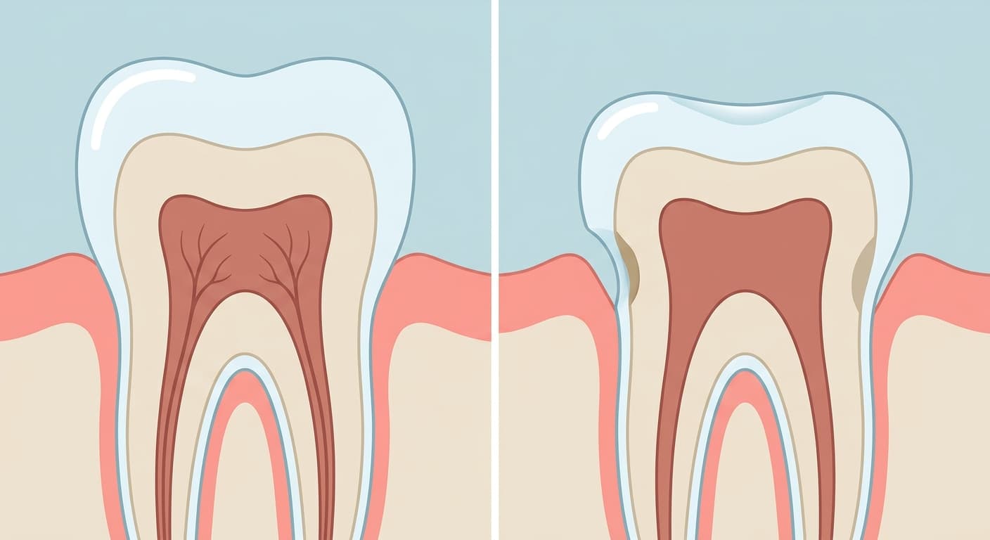 Side-by-side cross-section of a healthy tooth and a tooth with thinned, smooth enamel and a shallow concave surface indentation