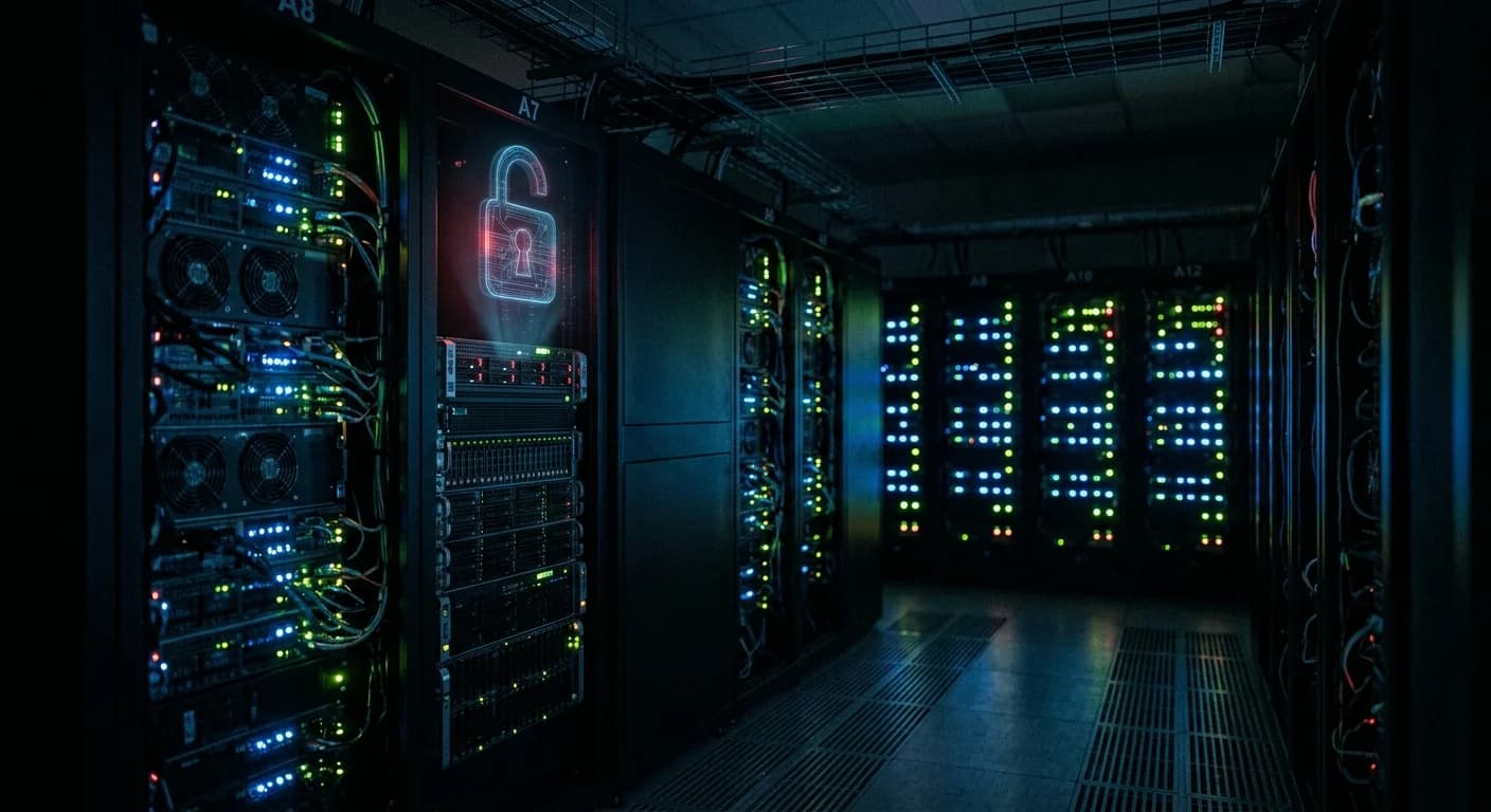 A red padlock-shaped security warning icon glowing between server racks