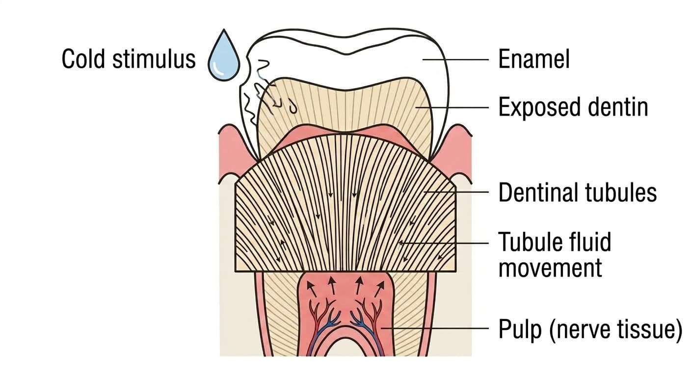 The pain mechanism of dentin hypersensitivity. When a cold stimulus touches the exposed dentin surface, fluid inside the dentinal tubules moves, and that movement irritates the nerve in the pulp, generating a pain signal