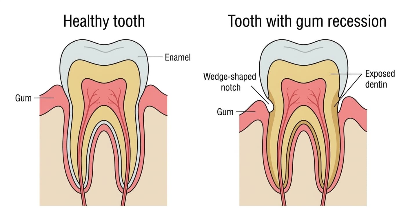 Cross-section comparison of a healthy tooth and a tooth with gum recession. In a healthy tooth, the gum covers the neck of the tooth, but in a tooth with gum recession, the dentin near the root is exposed and a wedge-shaped notch can form at the gumline