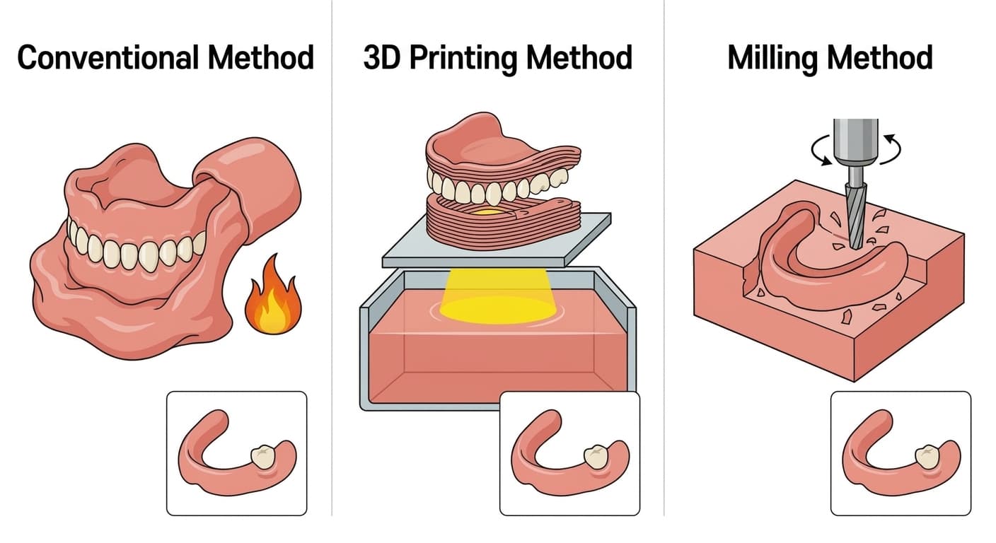 An illustration comparing three denture fabrication methods side by side. On the left, the conventional method embeds teeth in dough-like resin and cures it with heat; in the middle, the 3D printing method cures liquid resin in stacked layers; on the right, the milling method carves a hard block with a cutting bit.