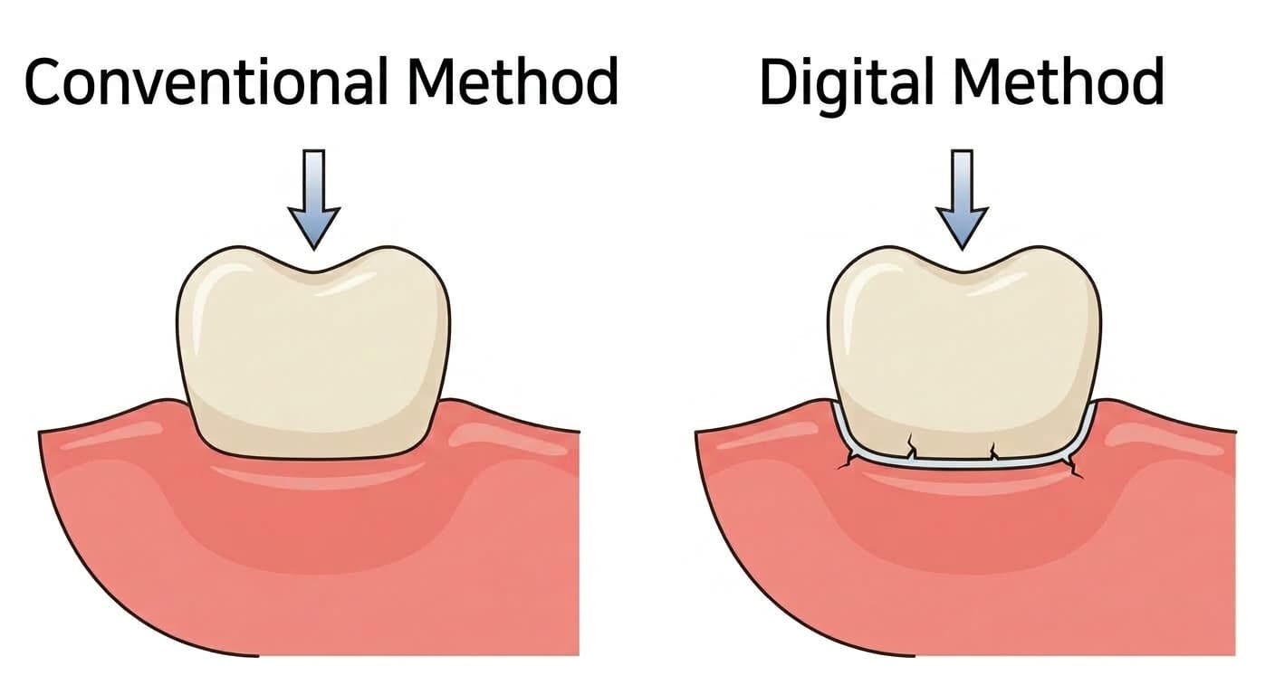 An illustration comparing a cross-section of where a tooth meets the denture base under two methods. On the left, the conventional method shows a smooth, seamless join with no boundary; on the right, the digital method shows small cracks opening along the boundary of the adhesive layer.