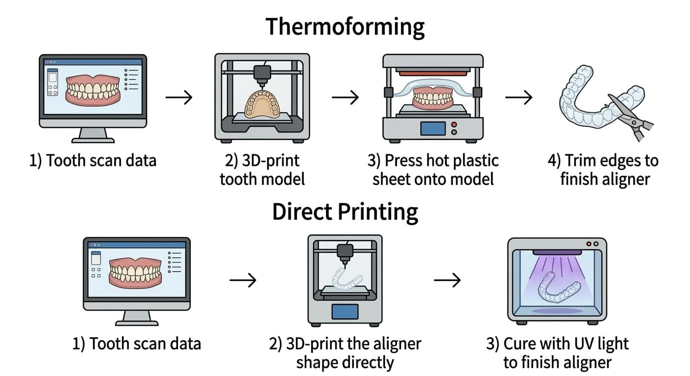 Flowchart comparing the thermoforming and direct-printing aligner manufacturing processes side by side