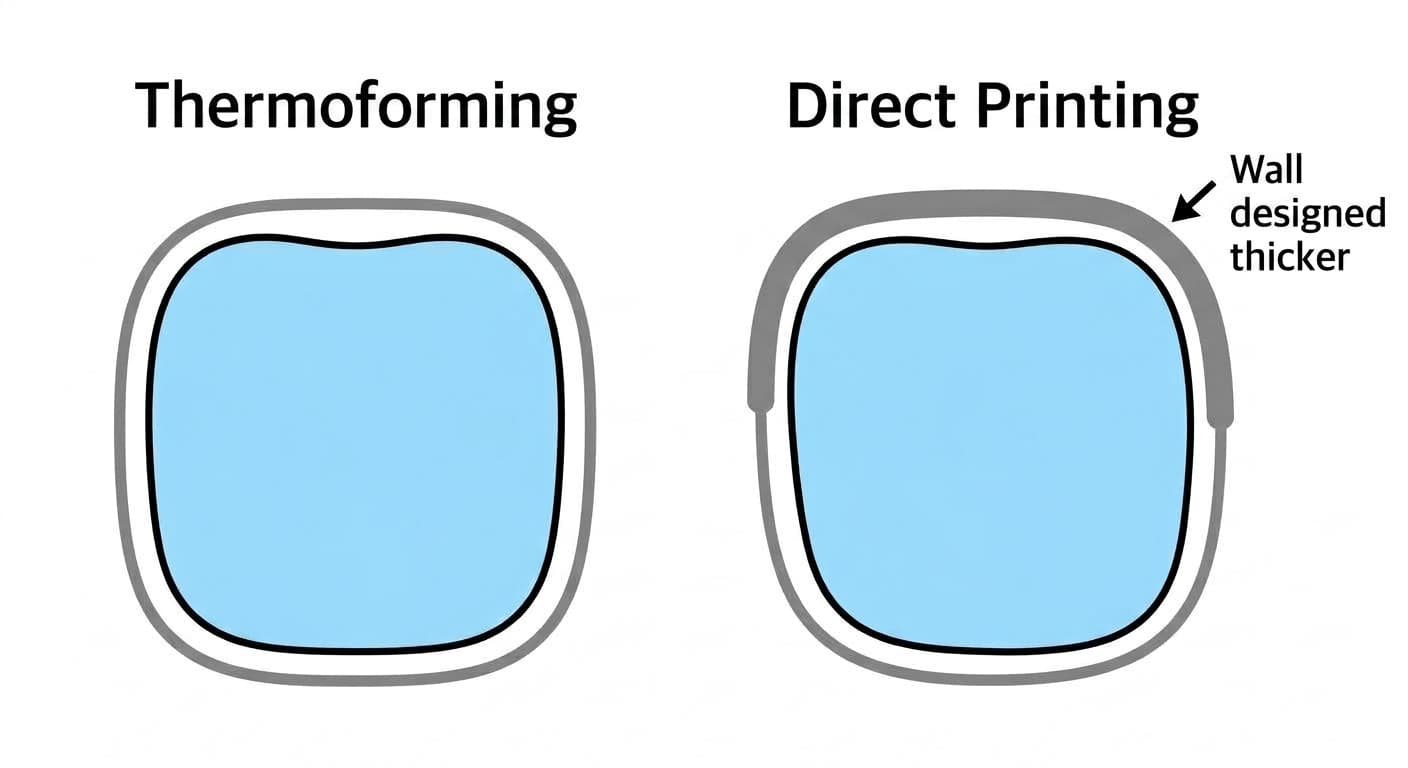 Cross-section comparison showing the uniform wall thickness of a thermoformed aligner versus the varying wall thickness of a direct-printed aligner