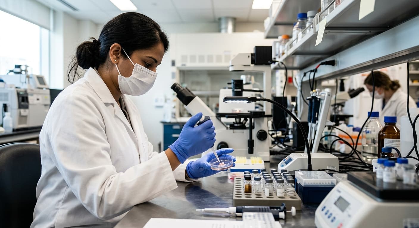 A researcher in a white lab coat carefully handling a sample in a petri dish with gloved hands
