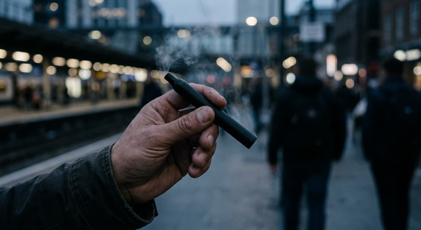 A person holding an e-cigarette on a dark street, with faint vapor rising from the tip