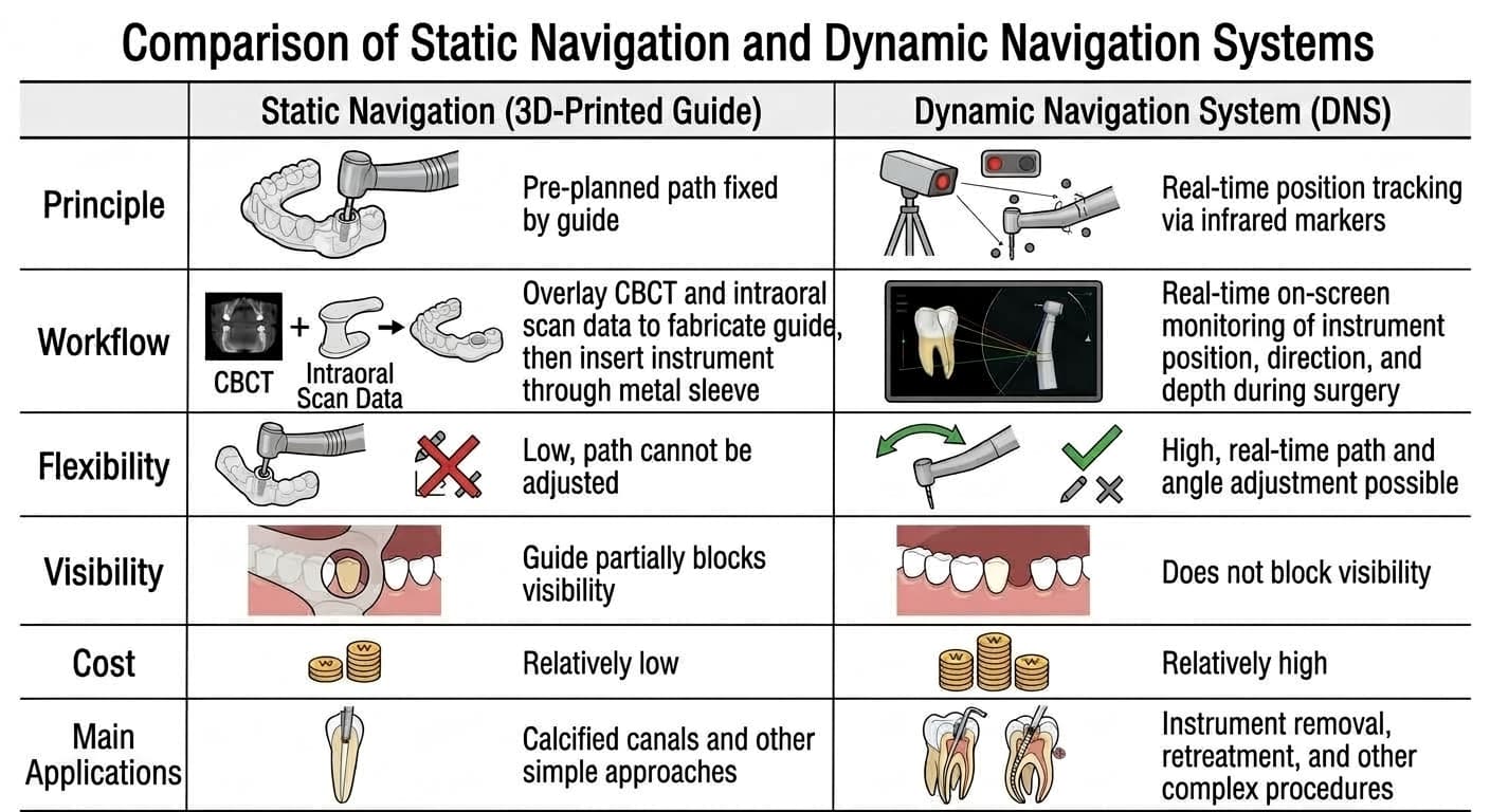 Table comparing static navigation (3D-printed guide) and dynamic navigation system (DNS) across six categories: principle, workflow, flexibility, visibility, cost, and main applications