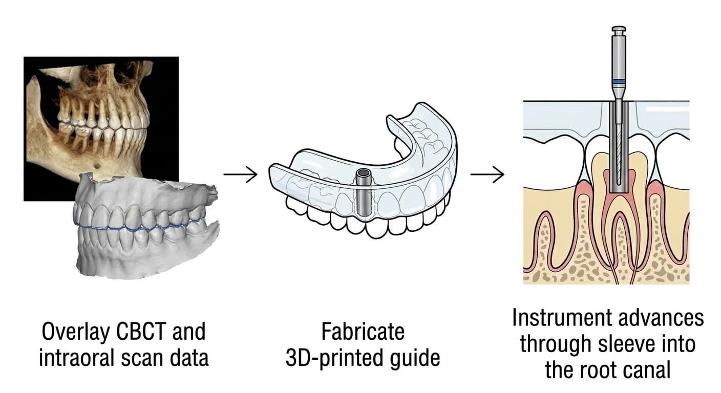 Diagram showing the three-step process of overlaying CBCT and intraoral scan data to make a 3D-printed guide, then guiding the instrument into the root canal through a metal sleeve fitted into the guide