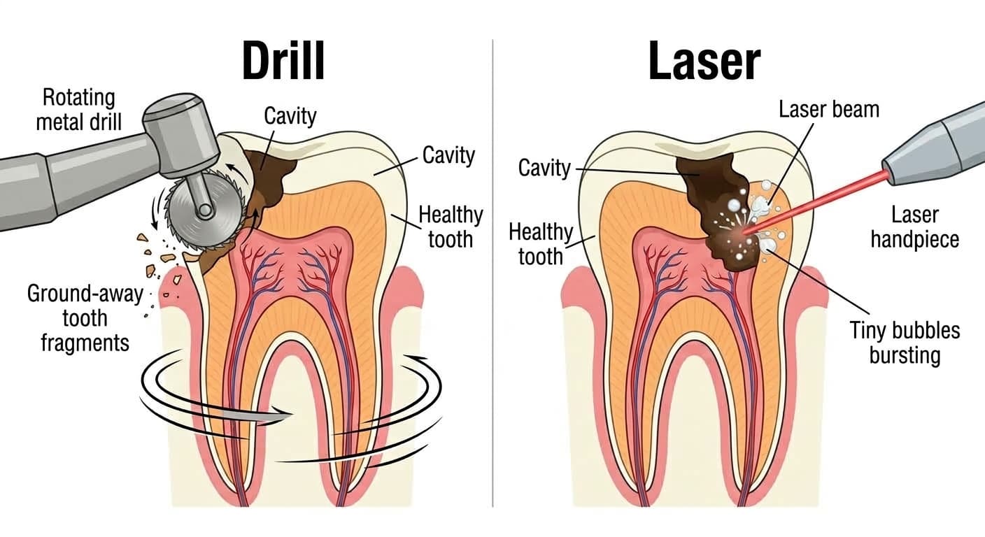 A drill grinds away both decay and healthy tooth with a rotating blade, while a laser is absorbed only by water-rich decayed tissue and removes it as if tiny bubbles were bursting