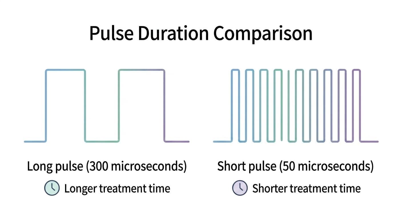 Firing long pulses results in longer treatment time, while firing short, frequent pulses shortens treatment time