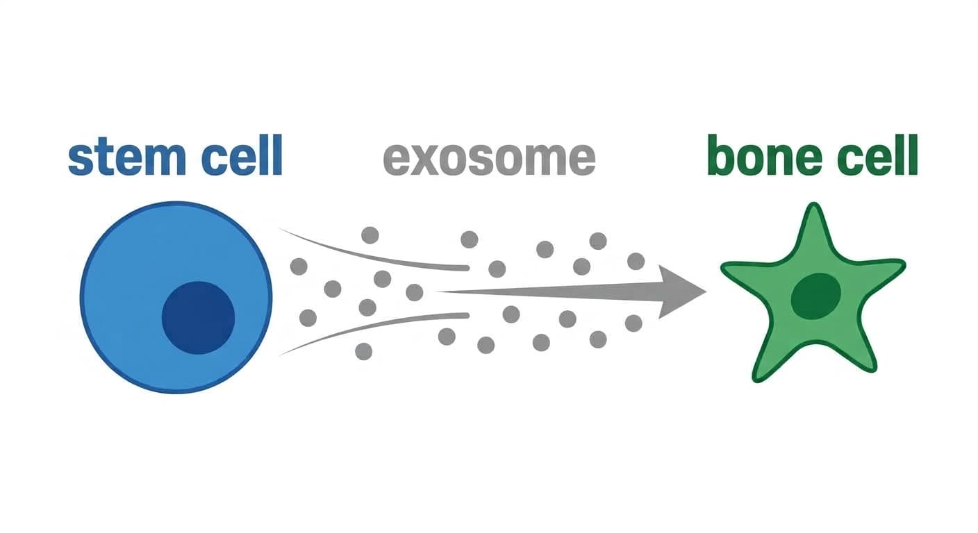Diagram showing exosomes, tiny signaling sacs released by stem cells, traveling to bone cells and delivering signals