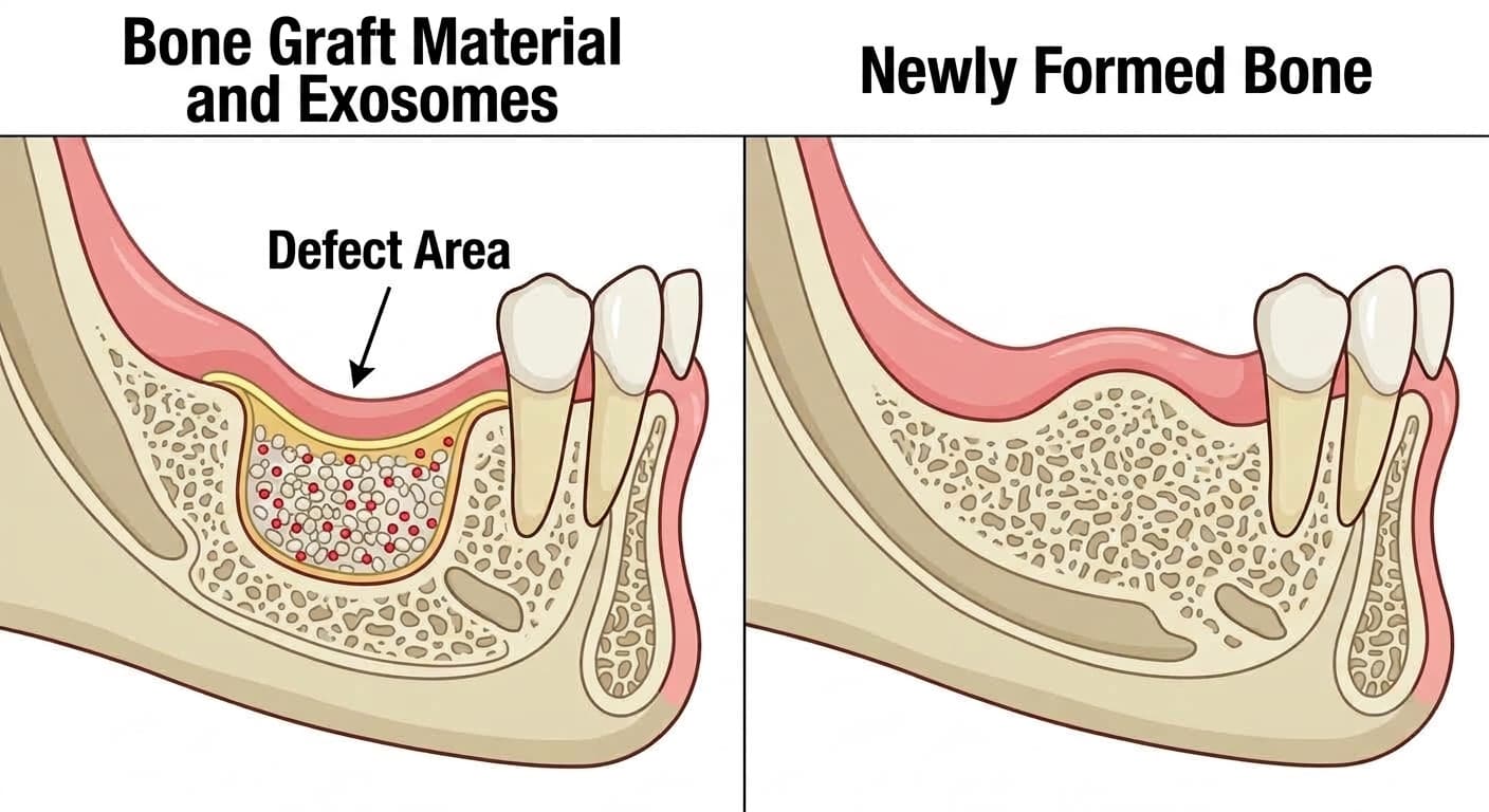Cross-sectional comparison showing a jawbone defect filled with bone graft material and exosomes, alongside the same site months later after new bone has filled in