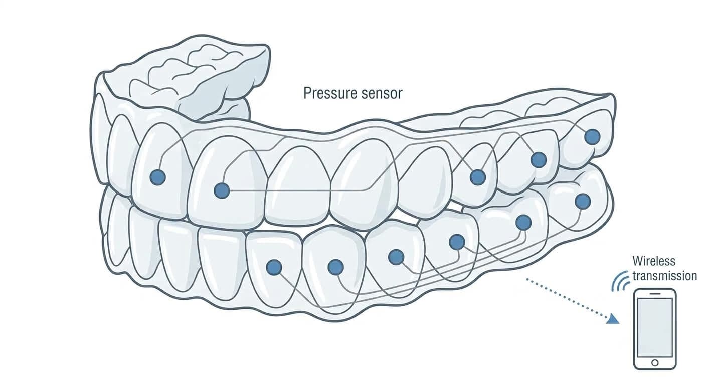 Conceptual diagram showing pressure sensors embedded at multiple points on the surface of a clear aligner and their signals being transmitted wirelessly to a smartphone