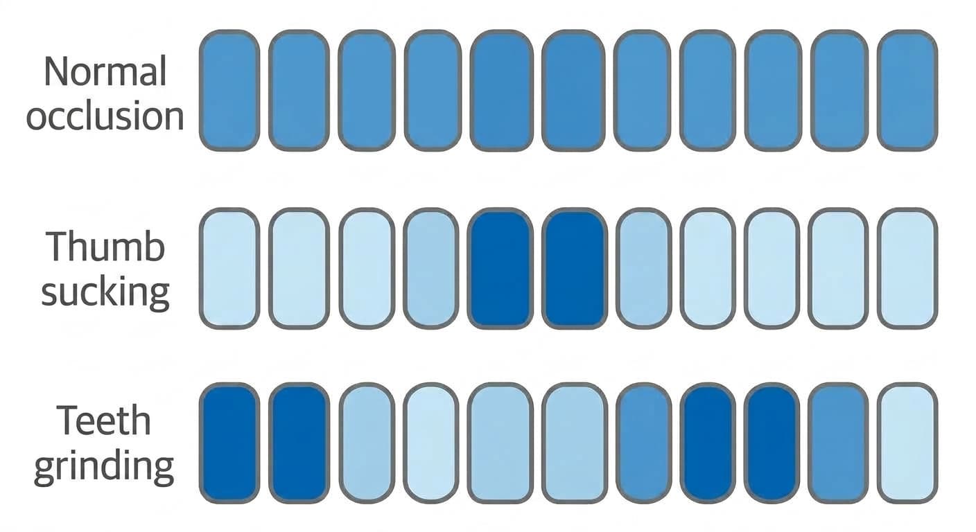 Illustration comparing, by color intensity, the difference in pressure signal strength at each tooth position under normal occlusion, thumb sucking, and teeth grinding