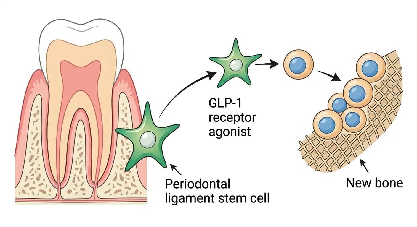 Periodontal ligament stem cells differentiating into bone-forming cells under the action of a GLP-1 receptor agonist to form new bone tissue