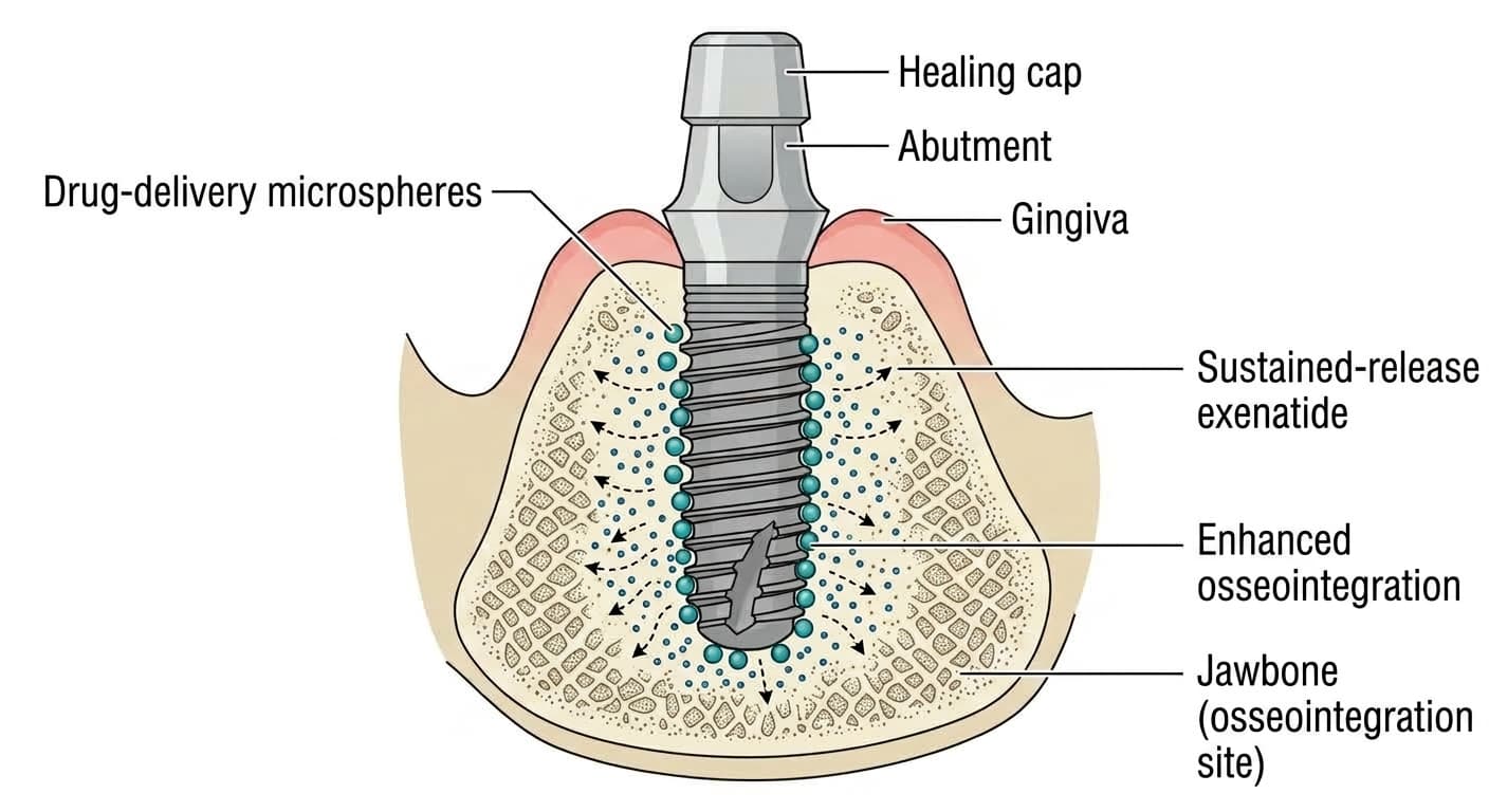 Drug-delivery microspheres attached to the implant surface slowly releasing exenatide to promote osseointegration in the surrounding jawbone