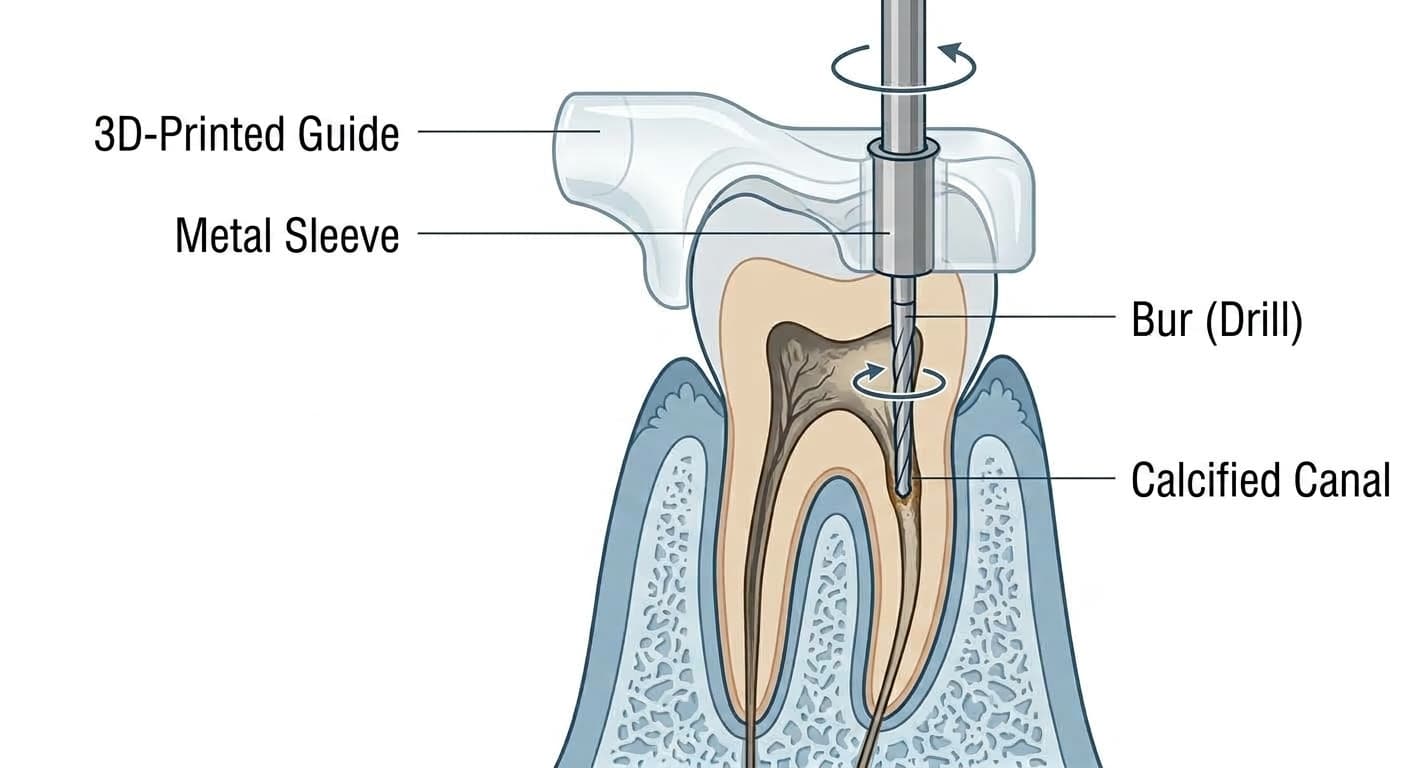 A bur guided through a metal sleeve inserted in a 3D-printed guide, directed toward the entrance of a calcified canal