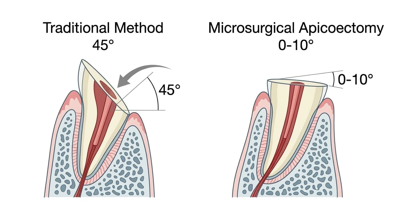 Cross-sectional comparison of root-end resection angle: 45 degrees in the traditional method versus 0-10 degrees in microsurgical apicoectomy