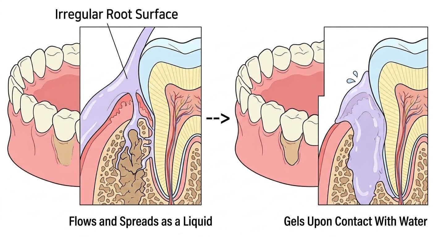 Cross-section diagrams side by side showing the liquid material spreading into gaps on the tooth root surface, and the material hardening into a gel that adheres on contact with water