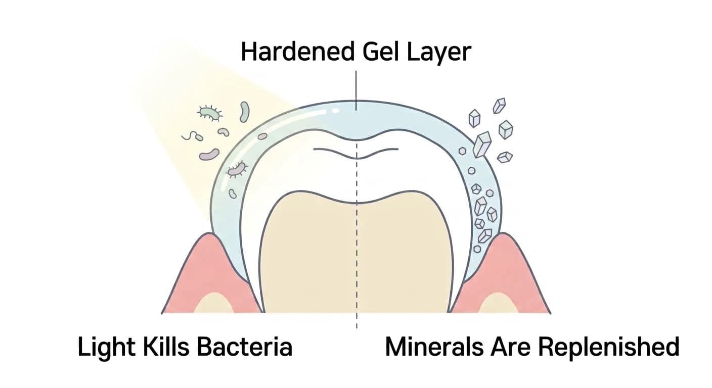 Cross-section diagram showing light shining on the hardened gel layer to eliminate bacteria, together with new mineral crystals filling in the tooth root surface beneath it