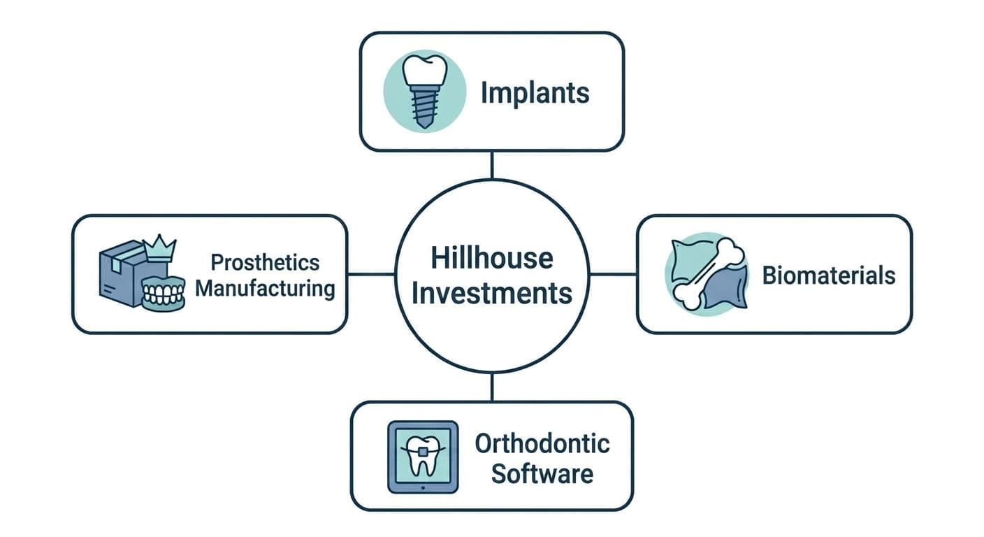 An illustration linking four areas, implants, biomaterials, orthodontic software, and contract prosthetics manufacturing, to a central circle with lines