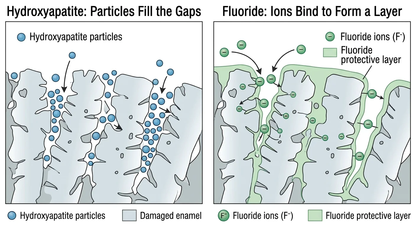 An illustration comparing how hydroxyapatite particles directly fill microscopic pores in the enamel surface versus how fluoride ions bind to form a protective layer