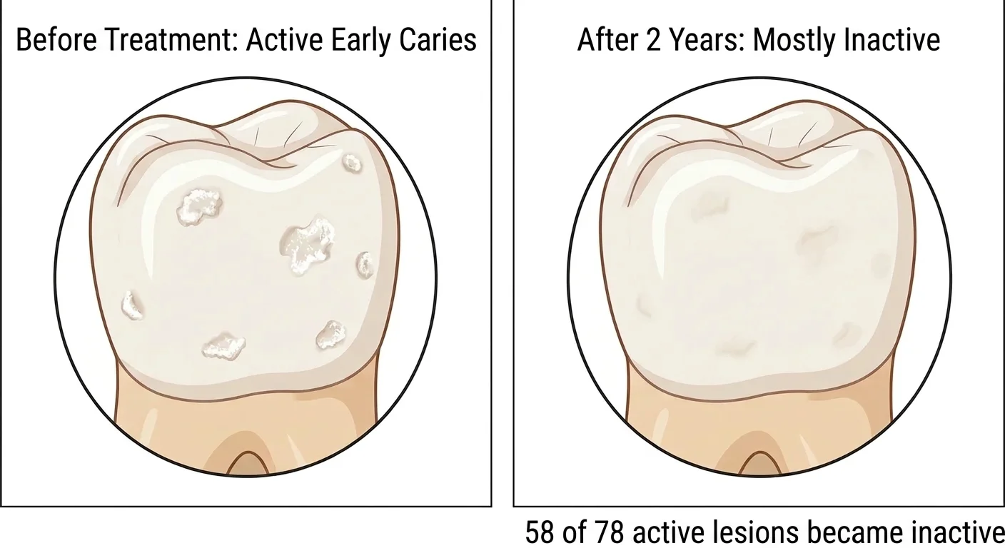 An illustration comparing a tooth with multiple white spots from active early caries before treatment to the same tooth two years later, when most of the spots had faded