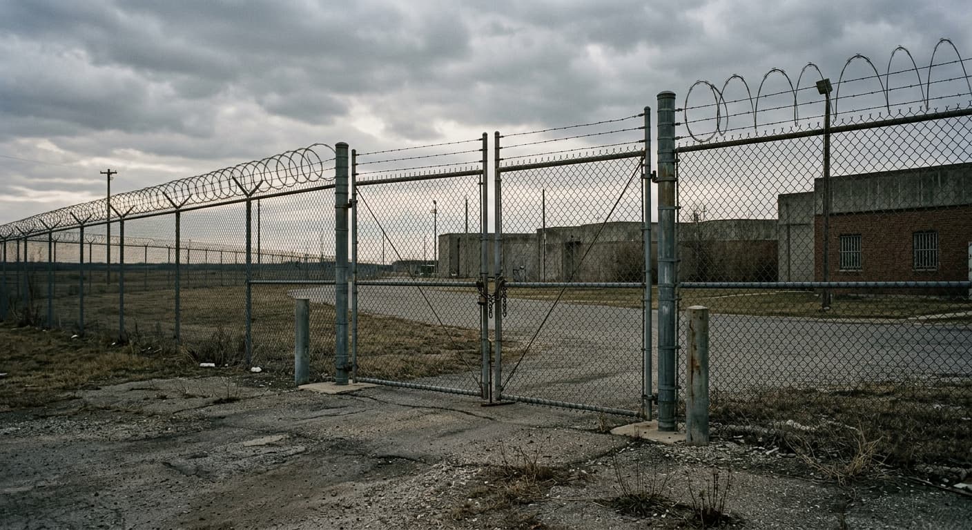 The perimeter of a detention facility, showing a chain-link fence topped with barbed wire and a locked steel gate