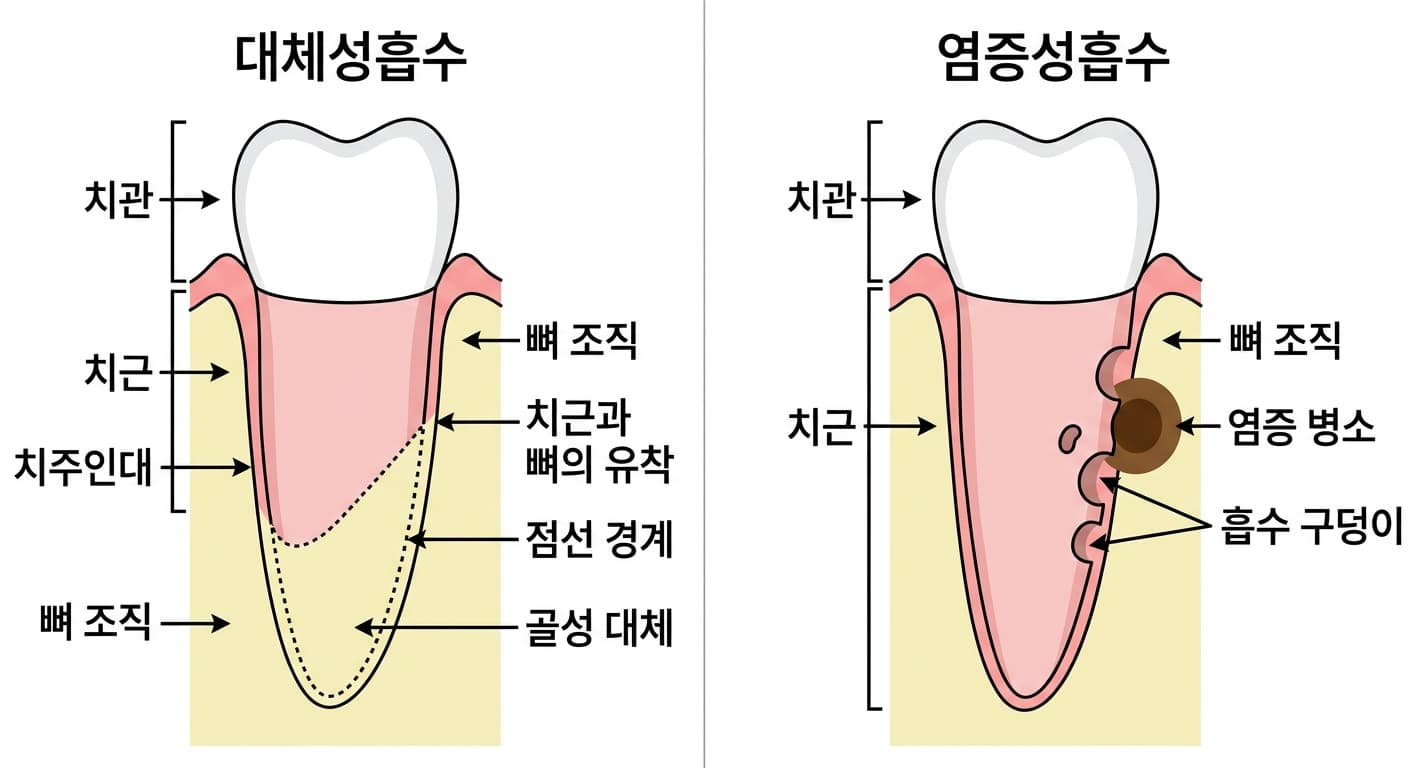Diagram comparing replacement resorption, in which the root gradually turns into bone tissue, with inflammatory resorption, in which pits form on the root surface alongside an inflammatory lesion